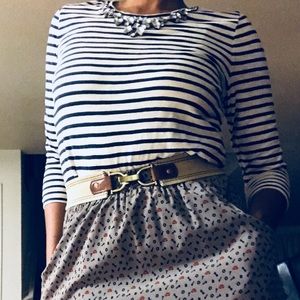 J crew navy shirt and tan vintage skirt.